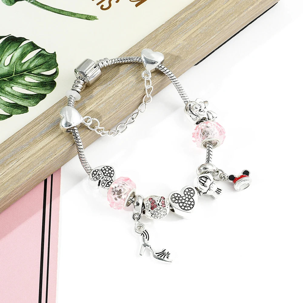 Disney Cute Pink Crystal Mickey Minnie Charm Bracelet Silver Color Heart Bead Bracelets for Women Girl Fashion Jewelry Gift