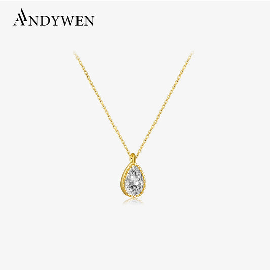 ANDYWEN 925 Sterling Silver Gold Ovals Pendant Necklace 4*6mm Luxury ZIrcon CZ Charm Pendant 40cm Chain Necklace Jewelry Gift