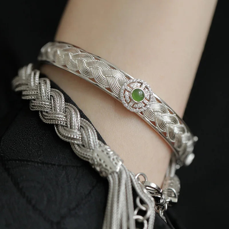 Foxanry Green Zircons Engagement Bracelets Bride Jewelry Charm Women Vintage Punk Trendy Elegant Braided Lace Wedding Accessorie