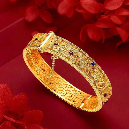 China-Chic Enamel Inlaid Red Blue Zircon Bracelet Female Gold color Retro Palace Style Buckle Bracelet Hollow Filigree Handwear