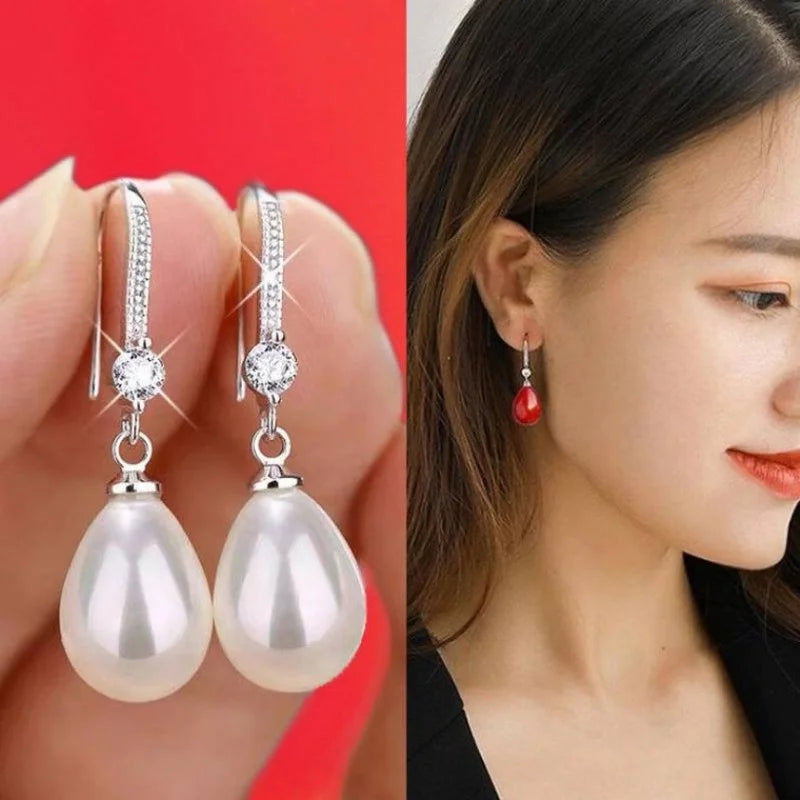 Jewelry for Women Water Drop Pearl Earrings for Women Red White Round Pearl Oval Earrings Wedding Engagement Valentines Day Gift