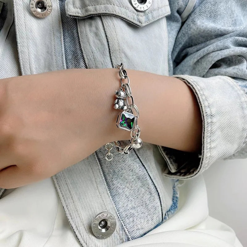 New Lovely Bear Animal Shiny CZ Zircon Star Retro 925 Sterling Silver Female Charm Bracelet Original Jewelry For Women Gifts