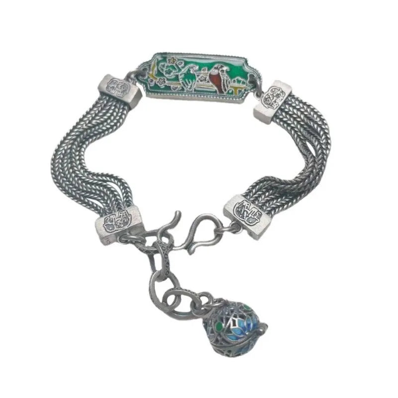 Vintage Palace Style Exquisite Green Enamel Magpie Bracelet for Women Classical Coarse Chain Bangles 925 Silver Jewelry