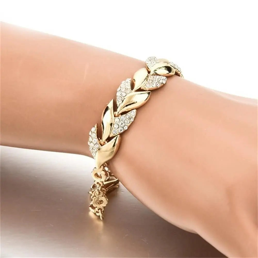 Luxury Fashion 18K Gold Braided Leaf Bracelets Bridal Wedding Jewelry Shiny Crystal Bangle