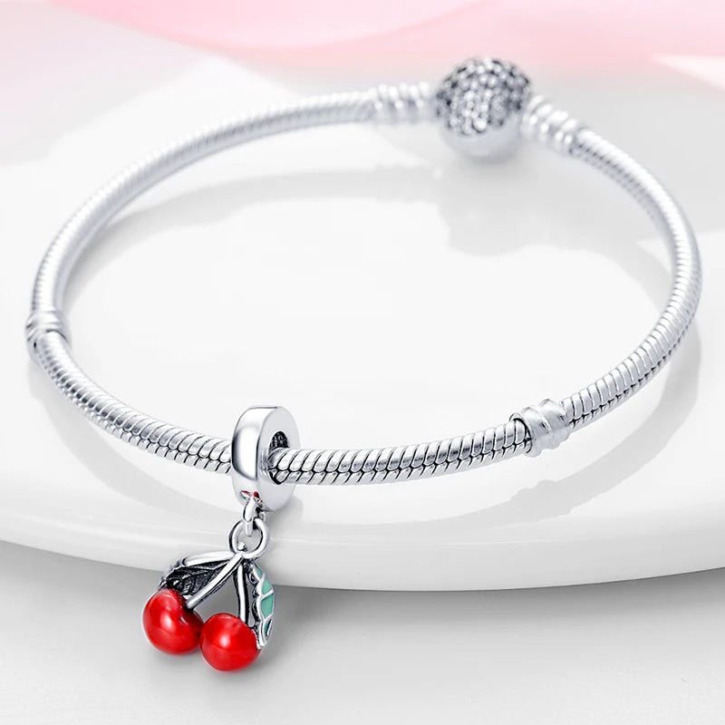 New 925 Silver Color Strawberry Cherry Fruit Series Charms Beads Fit Pandora 925 Original Bracelets DIY Birthday Jewelry Gifts