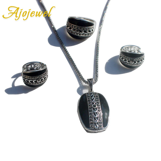 Ajojewel Original Epoxy Resin Jewelry Set For Women Black CZ Geometric Ring Earrings Necklace Vintage Accessories Luxury Gifts