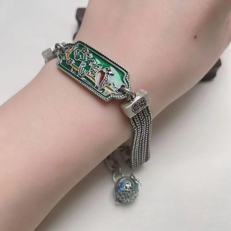 Vintage Palace Style Exquisite Green Enamel Magpie Bracelet for Women Classical Coarse Chain Bangles 925 Silver Jewelry