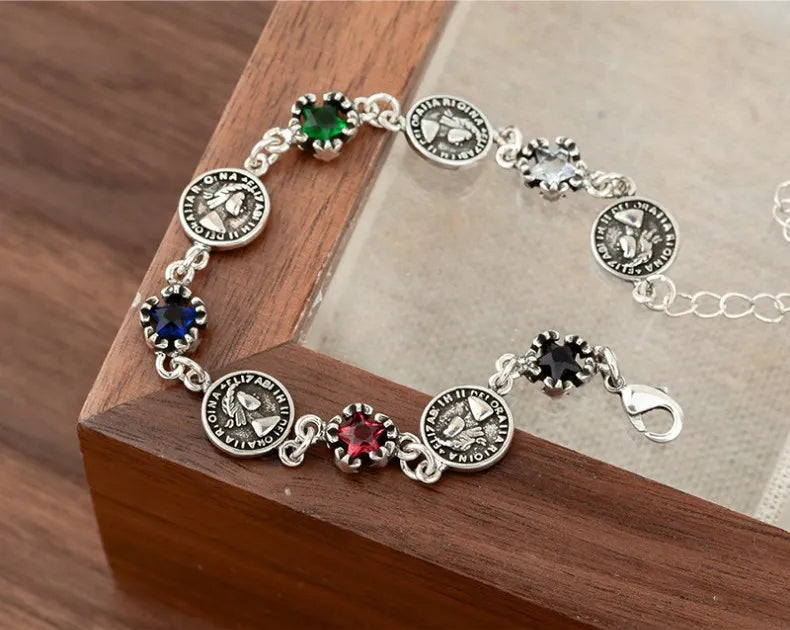 New Arrival Vintage Queen Portrait Coin Shiny Crystal 925 Sterling Silver Female Charm Bracelet Jewelry For Women Gifts No Fade