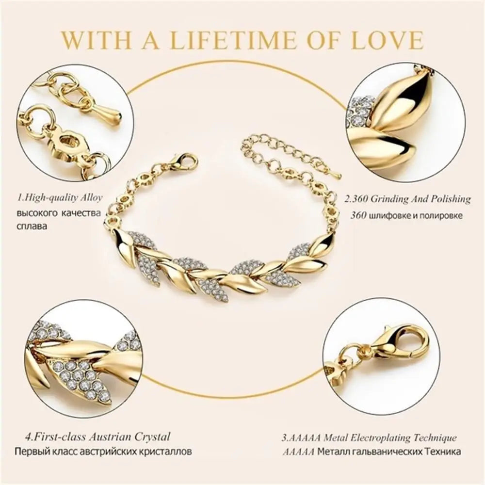 Luxury Fashion 18K Gold Braided Leaf Bracelets Bridal Wedding Jewelry Shiny Crystal Bangle