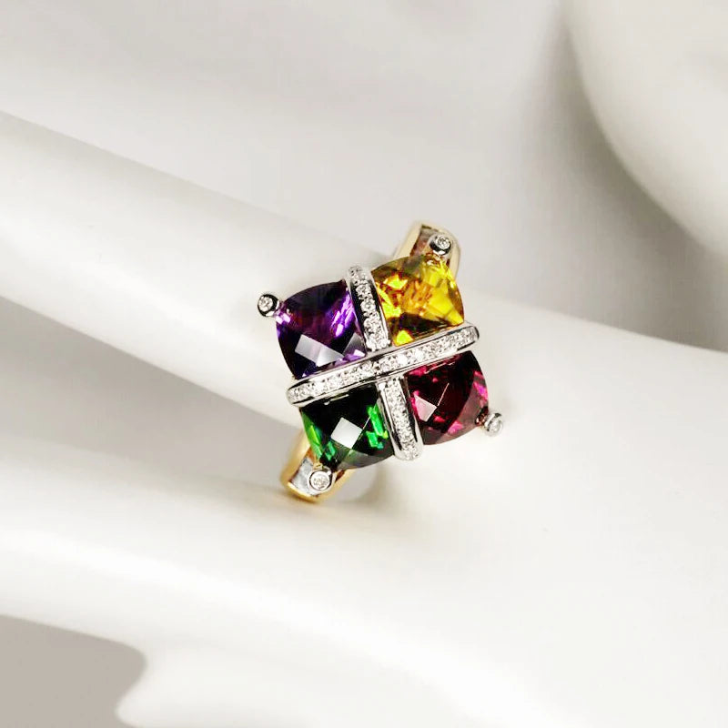 2022 NEW Fashion 18K Gold Colorful Amethyst Topaz Emerald Ruby Couples Ring For Women Full Diamond Engagement Party Gift Jewelry