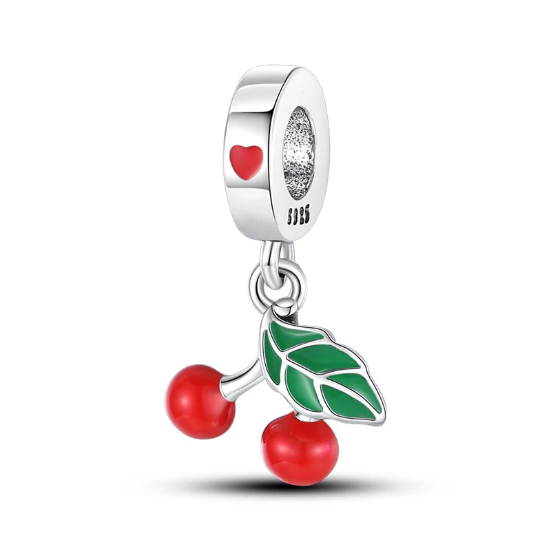 New 925 Silver Color Strawberry Cherry Fruit Series Charms Beads Fit Pandora 925 Original Bracelets DIY Birthday Jewelry Gifts