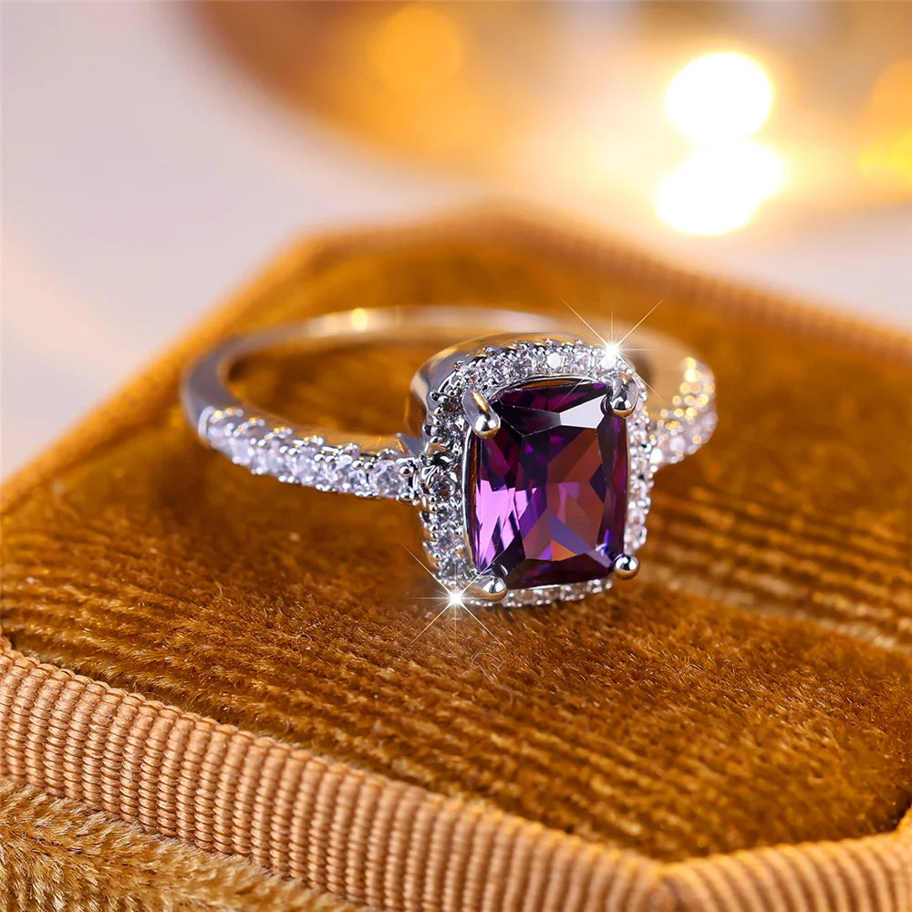 Luxury Female Purple Zircon Stone Engagement Ring Charm Silver Color Wedding Jewelry For Women