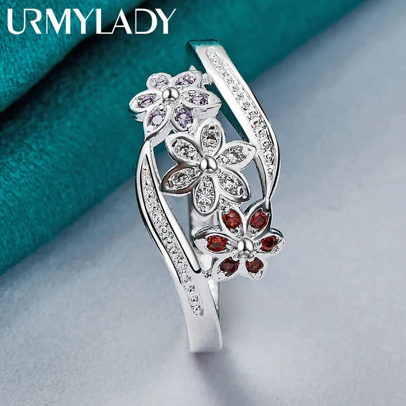 URMYLADY 925 Sterling Silver Red Zircon Flower Ring For Women Wedding Charm Engagement Fashion Jewelry