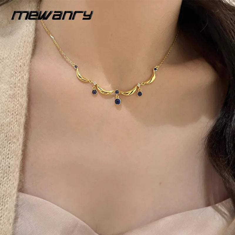 Mewanry Blue Zircon Necklaces For Women Girls Exquisite Sweet Elegant Temperament Vintage Sweater Chain Engagement Jewelry Gifts