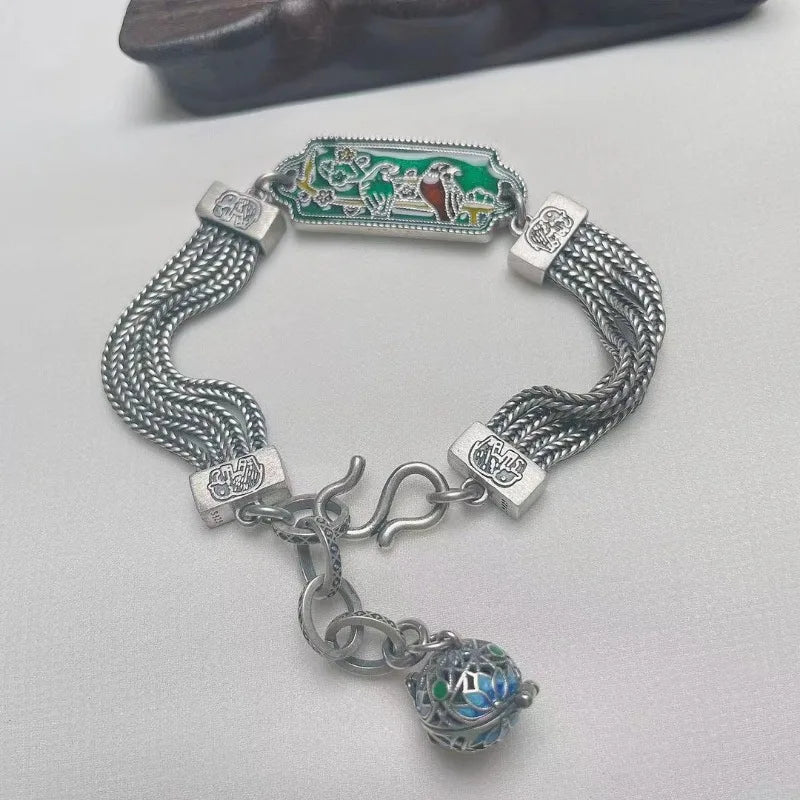 Vintage Palace Style Exquisite Green Enamel Magpie Bracelet for Women Classical Coarse Chain Bangles 925 Silver Jewelry