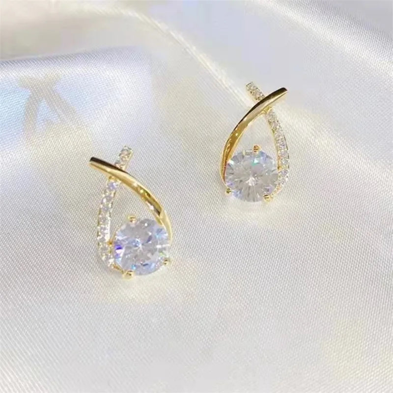 New Korean Crystal Line Metal Pearl Stud Earrings For Women Girl Simple Gold Color Small Earring Party Jewelry