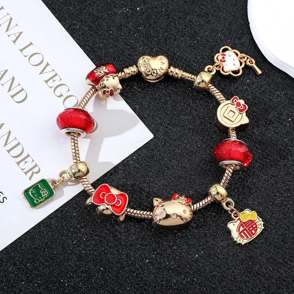 Sanrio Hello Kitty Cute Bow Etc Pendant Bracelet Anime Cartoon Characters KT Cat Kawaii Pendant Bracelet for Women Girl Gifts