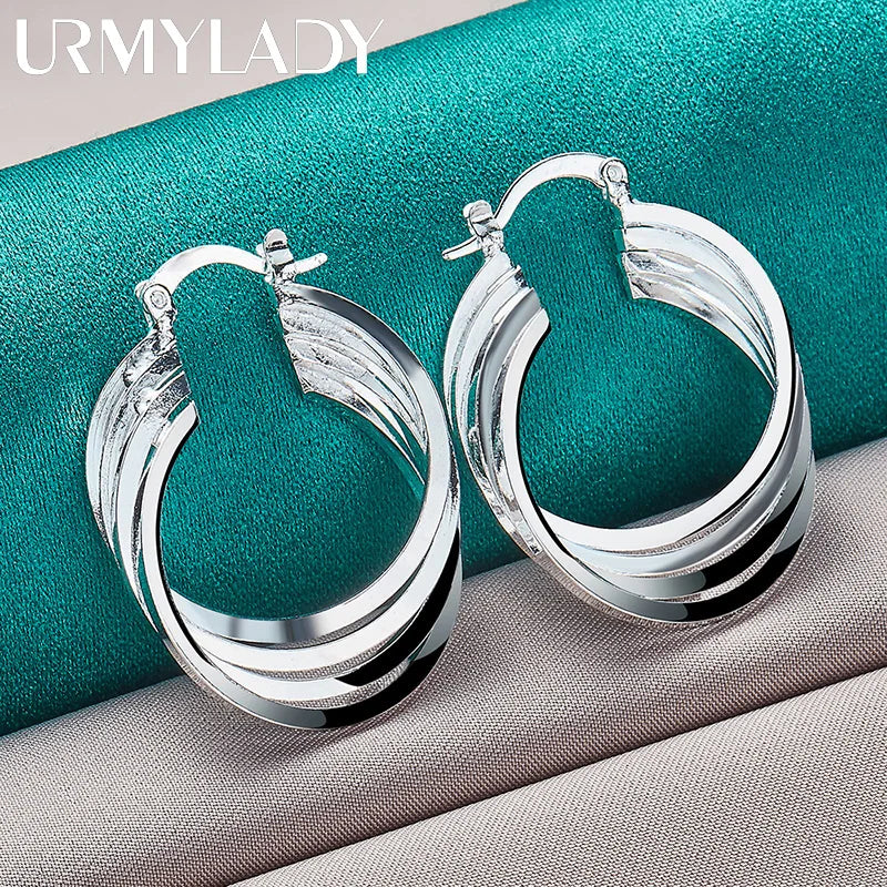 URMYLADY 925 Sterling Silver 25mm Multiple Rings Earrings Ear Loops for Women Charm Wedding Engagement Fashion Party Jewelry