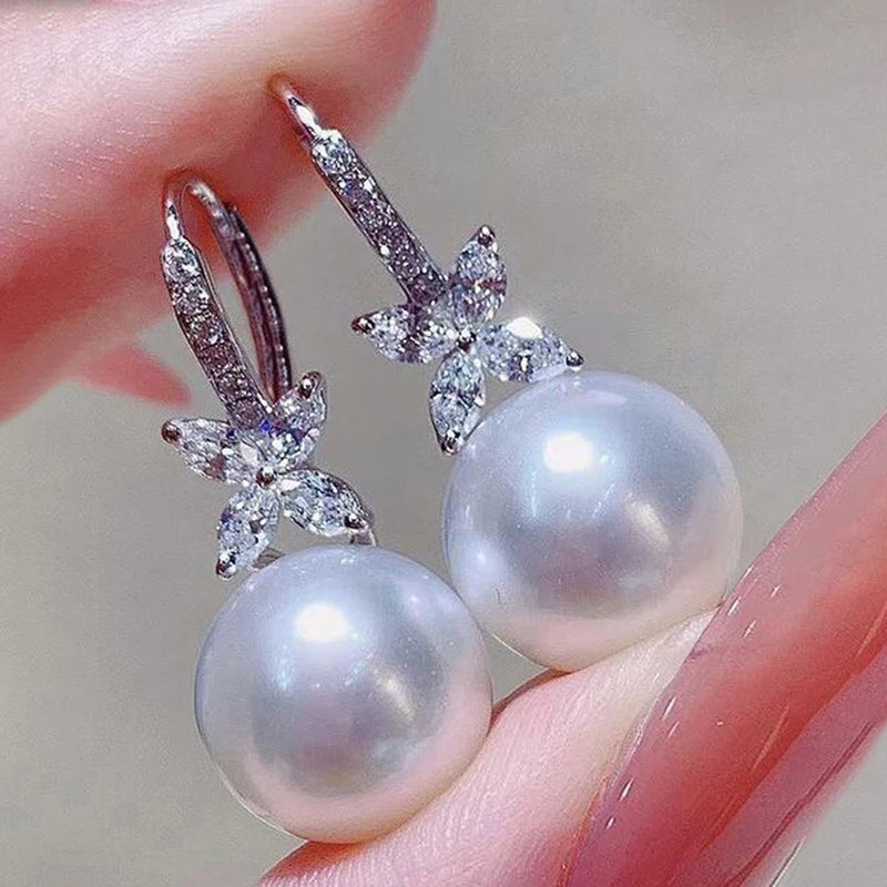 Huitan Gorgeous Drop Earrings for Wedding Women Simulated Pearl Pendant Accessories with Bright Zirconia Luxury Graceful Jewelry