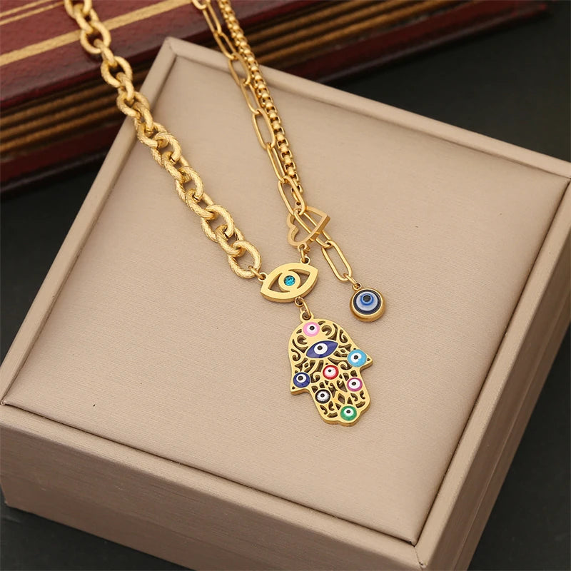 316L Stainless Steel New Fashion Fine Jewelry Zircon Colorful Eyes Palm Heart Charm Chain Necklaces Bracelets Earrings For Women