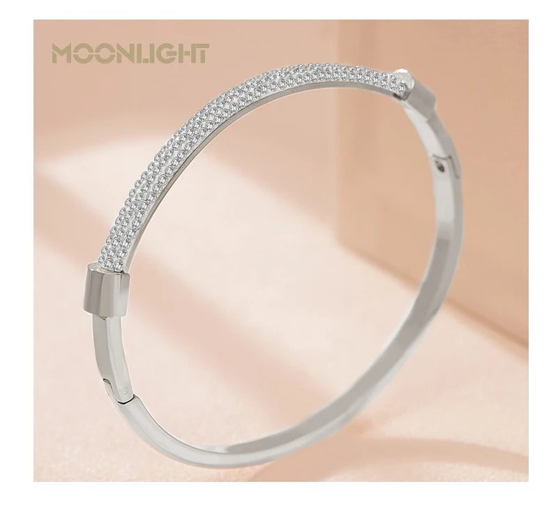 MOONLIGHT Fashion Cubic Zirconia Cuff Bangles for Women Trendy Titanium Steel Circular Classic Bracelet Female Jewelry Gift