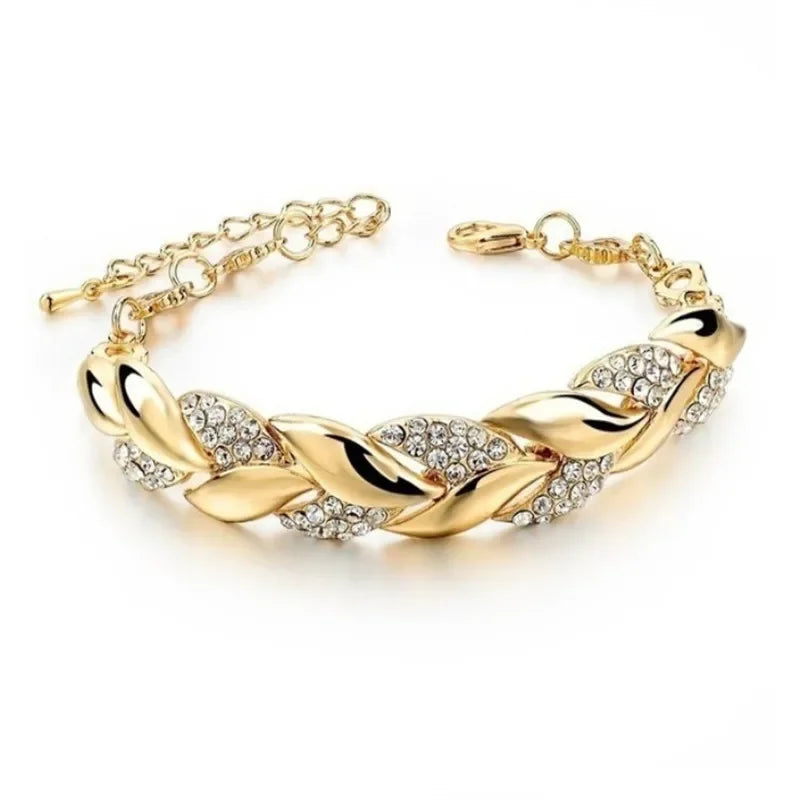 New Fashion High Quality Gold Color Leaf Bracelets for Women Temperament Full of Zircon Crystal Bangle Jewelry Accessories Gift