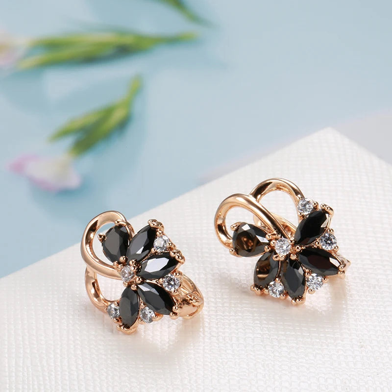 Luxury Geometric Flower Black Zircon Dangle Earrings For Women Natural Zircon Statement Jewelry Women's Sexy Gothic Earrings