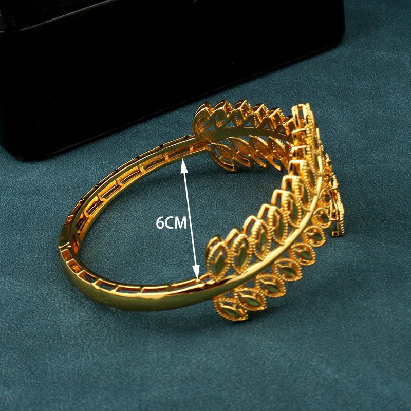 Copper Plating Gold Bracelet Ring Saudi Trendy  Bangle Bracelet for Bridal Leaves Design Cuff Bracelet  Arabic Luxury Jewelry