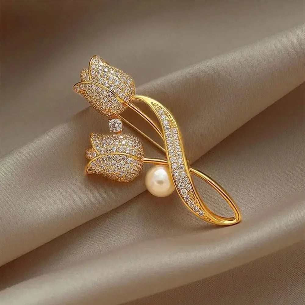 Golden Tulip Flower Imitation Pearl Brooch Shiny CZ Full Of Rhinestone Women's Brooches Metal Pins Party Badge Jewelry Gifts