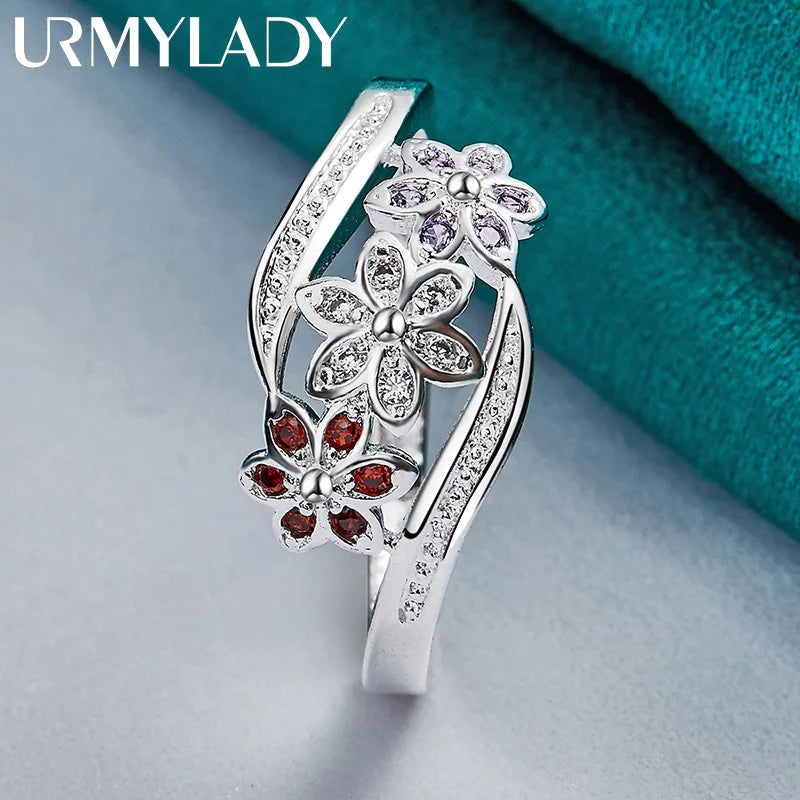 URMYLADY 925 Sterling Silver Red Zircon Flower Ring For Women Wedding Charm Engagement Fashion Jewelry