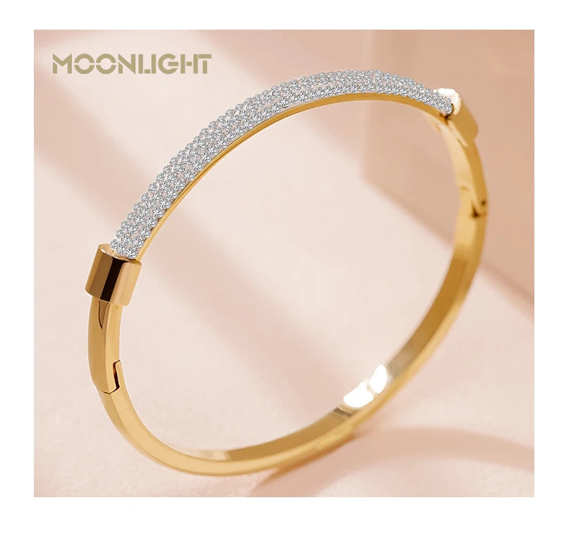 MOONLIGHT Fashion Cubic Zirconia Cuff Bangles for Women Trendy Titanium Steel Circular Classic Bracelet Female Jewelry Gift