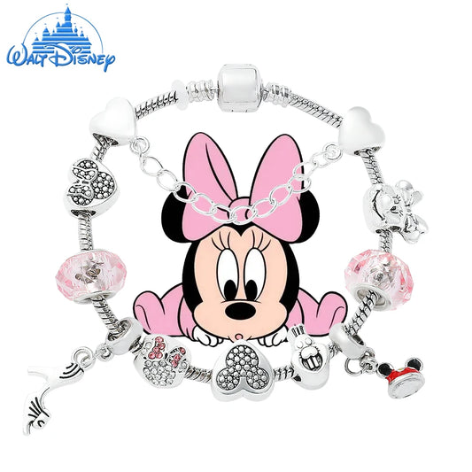 Disney Cute Pink Crystal Mickey Minnie Charm Bracelet Silver Color Heart Bead Bracelets for Women Girl Fashion Jewelry Gift