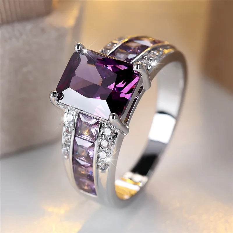 Charm Female Square Purple Zircon Stone Engagement Ring Silver Color Wedding Jewelry For Women