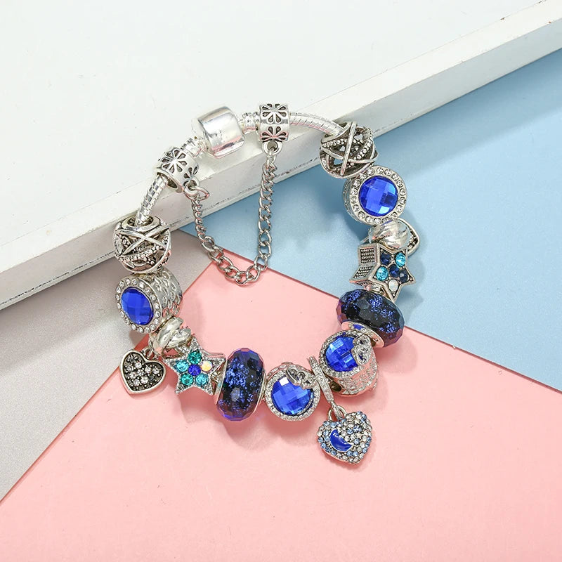 Online Hot Selling Charm Bracelets For Women With Blue Crystal Beads Star Hot-Air-Balloon Pendant DIY Bracelets Fashion Jewelry