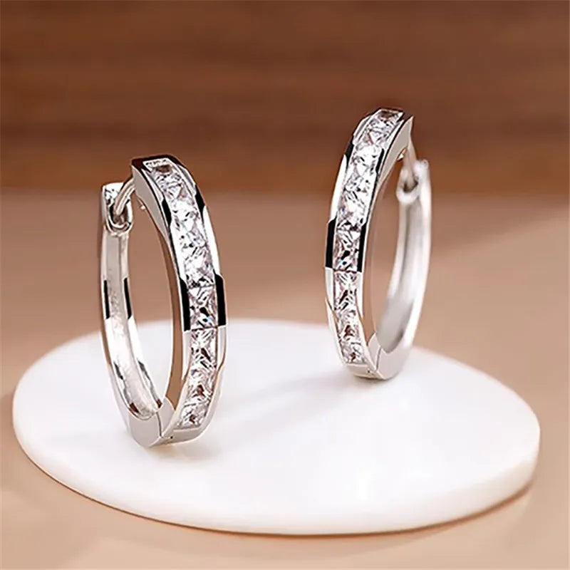 925 Silver Needle Piercing Zircon Circle Hoop Earring For Women Girls Jewelry Gift EH1005