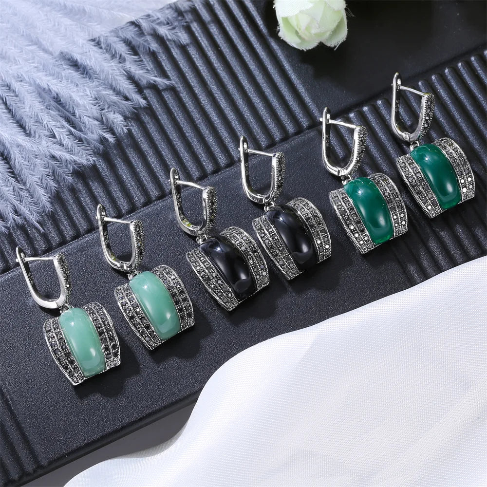 Ajojewel Original Designer Antique Silver Color Women Jewelry Set Geometric Green Stone Ring Necklace And Earrings Sets