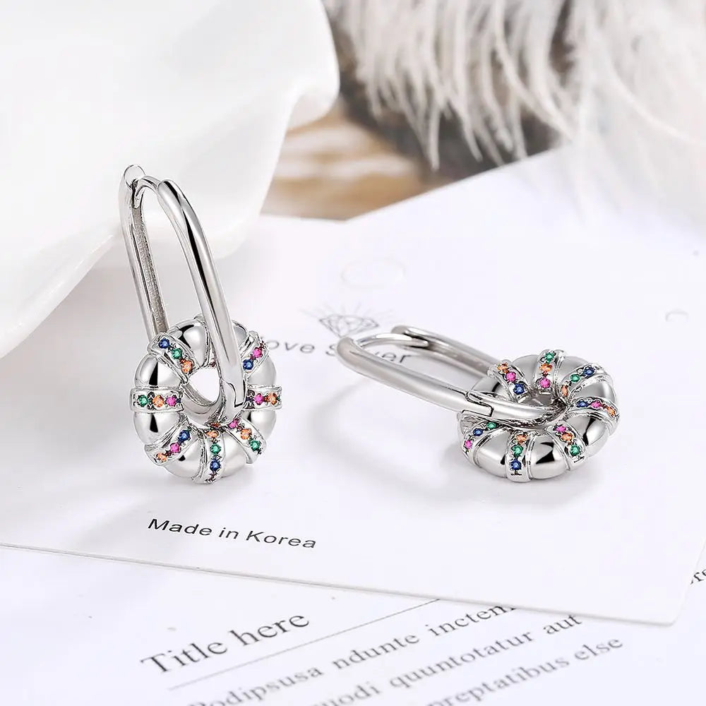 Fashionable 925 Sterling Silver Earrings Colorful Zirconia Round Wheel Earrings Simple Smooth Earrings for Women