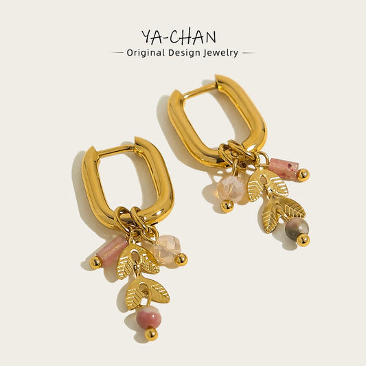 YACHAN New In 18K Gold Plated Stainless Steel Hoop Earrings for Women Cute Pink Crystal Natural Stone Charms Trendy Jewelry