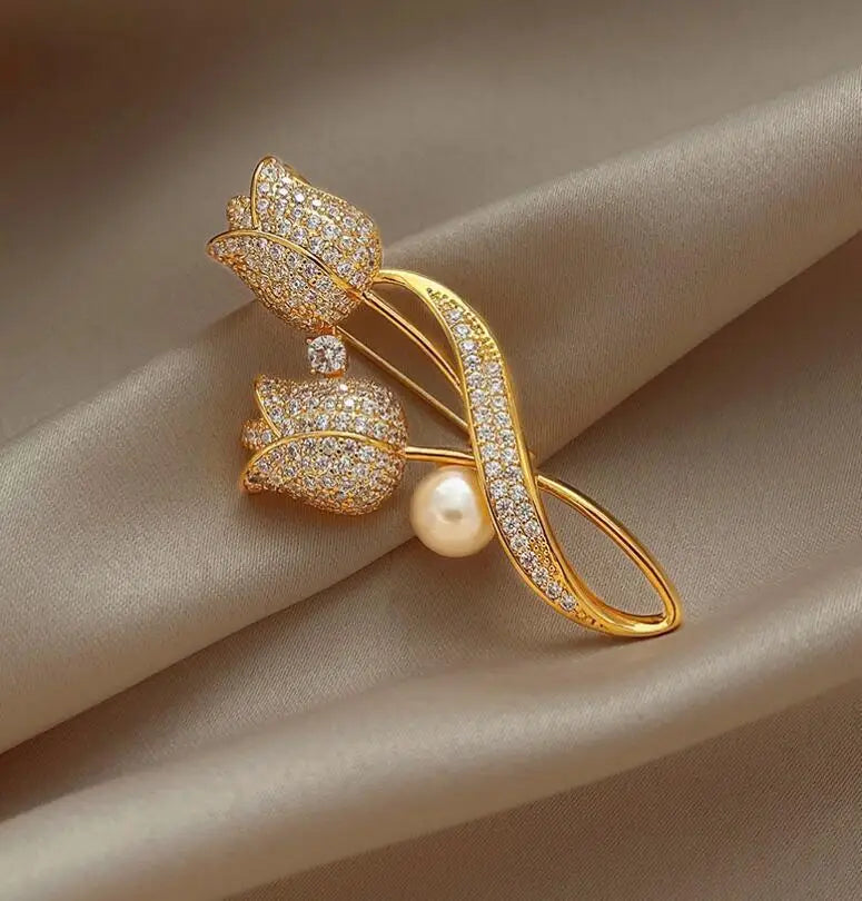 Golden Tulip Flower Imitation Pearl Brooch Shiny CZ Full Of Rhinestone Women's Brooches Metal Pins Party Badge Jewelry Gifts