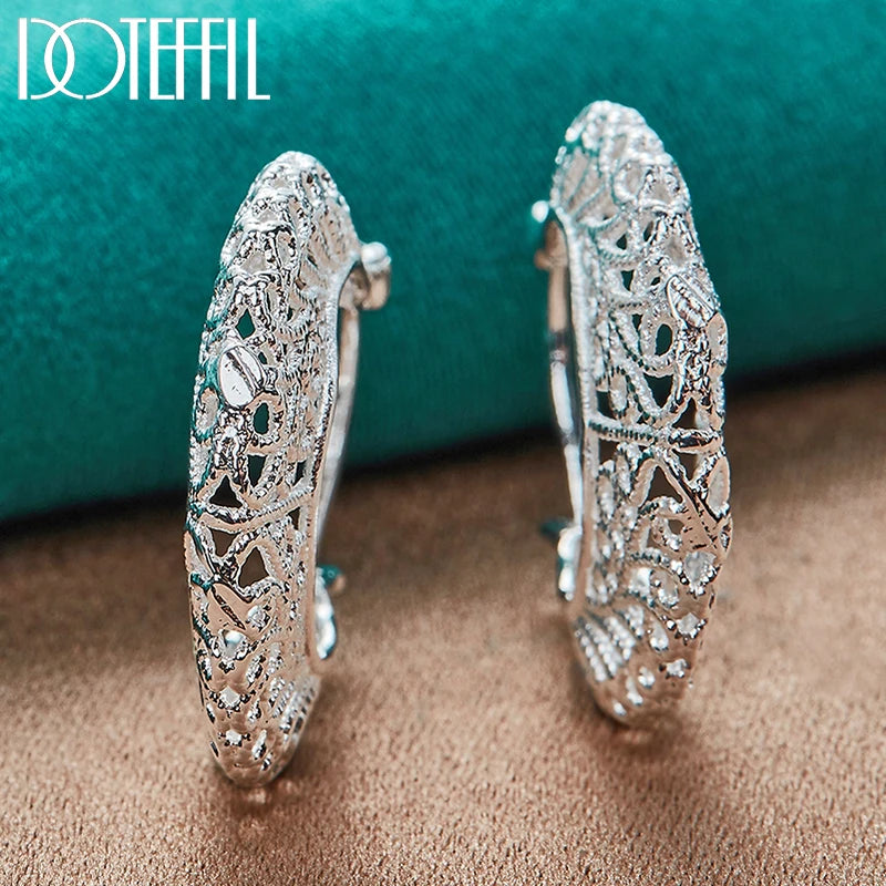 DOTEFFIL 925 Sterling Silver Hollow Flower U Circle Earrings For Women Lady Best Gift Fashion Charm Silver Wedding Jewelry