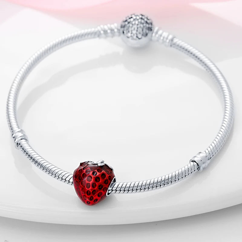 New 925 Silver Color Strawberry Cherry Fruit Series Charms Beads Fit Pandora 925 Original Bracelets DIY Birthday Jewelry Gifts