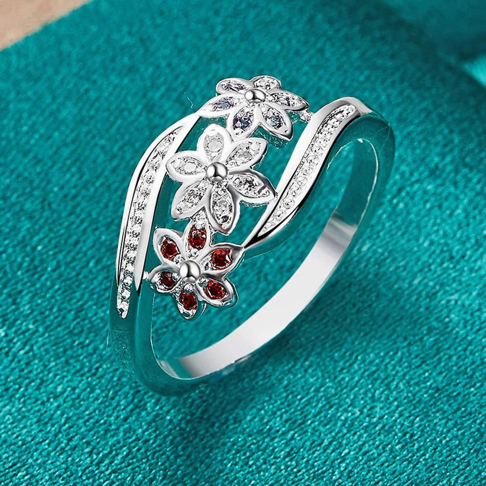 URMYLADY 925 Sterling Silver Red Zircon Flower Ring For Women Wedding Charm Engagement Fashion Jewelry