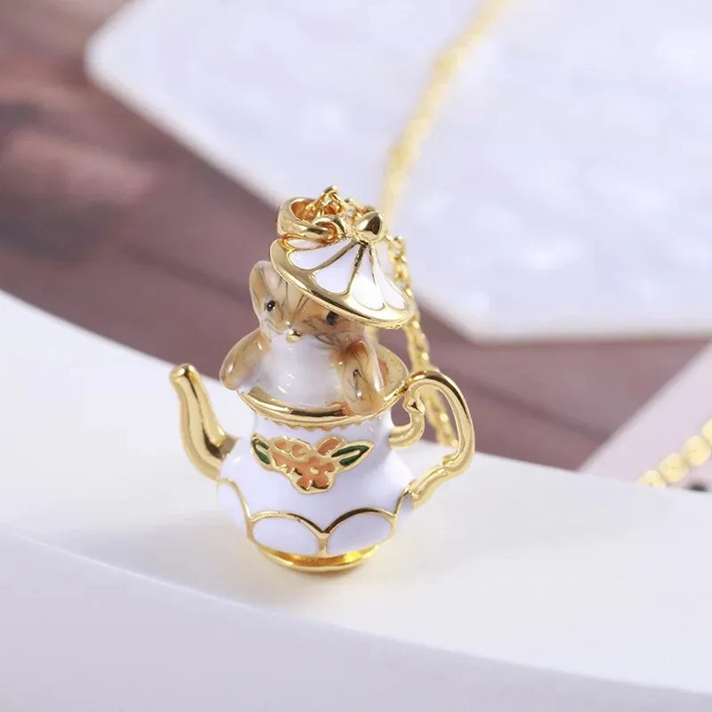 Creative Cute Cartoon Teacup Chipmunk Pendant Earrings for Women Charm Gold Color Enamel Mouse Dangle Earring Jewelry Gift