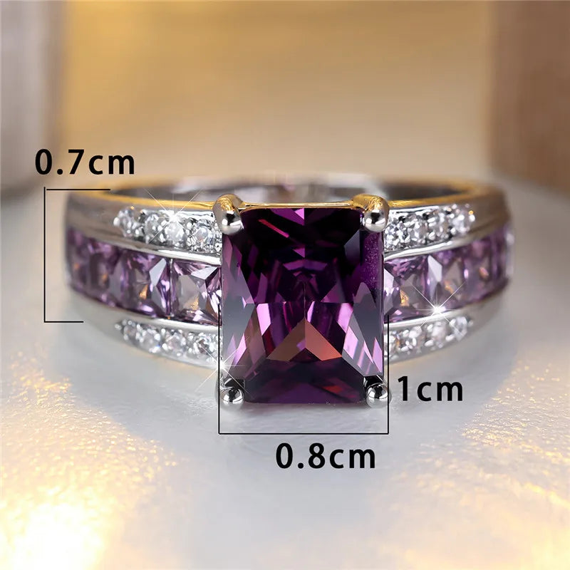 Charm Female Square Purple Zircon Stone Engagement Ring Silver Color Wedding Jewelry For Women