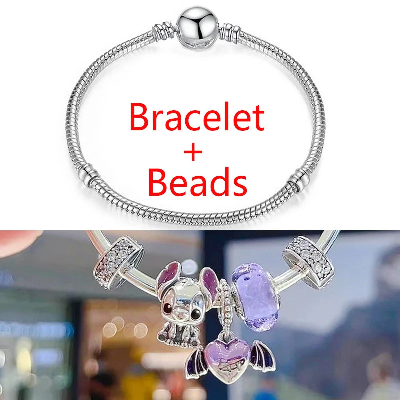 Fine Disney Cute Stitch Charms Bracelet Women Bijoux Halloween Love Heart Bat Wings Beads for Jewelry Making Girls Bangles Gifts