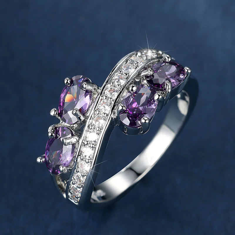 Luxury Female Crystal Purple Oval Zircon Stone Engagement Ring Cute Wedding Jewelry For Women