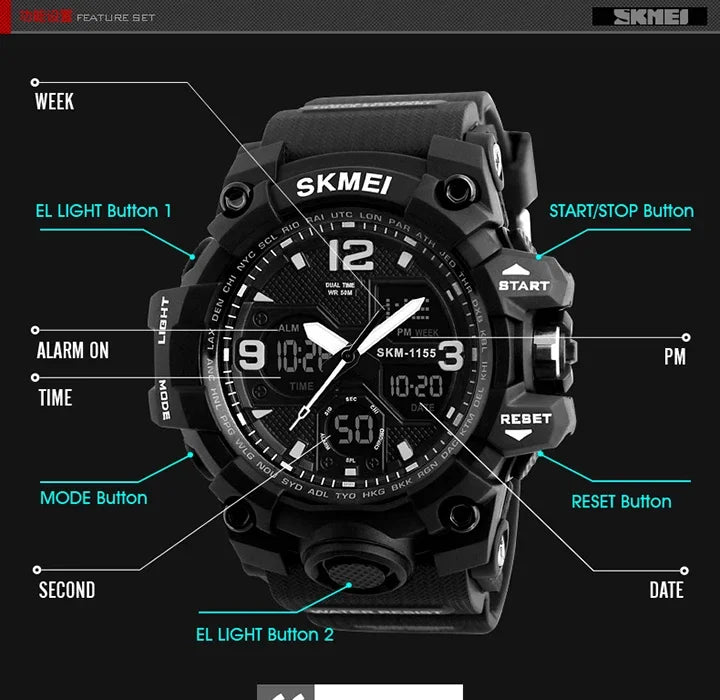 SKMEI 1155B  5Bar Waterproof Dual Display Wristwatches Relogio Masculino watch Sport Men Military Digital Watches Sport Watch