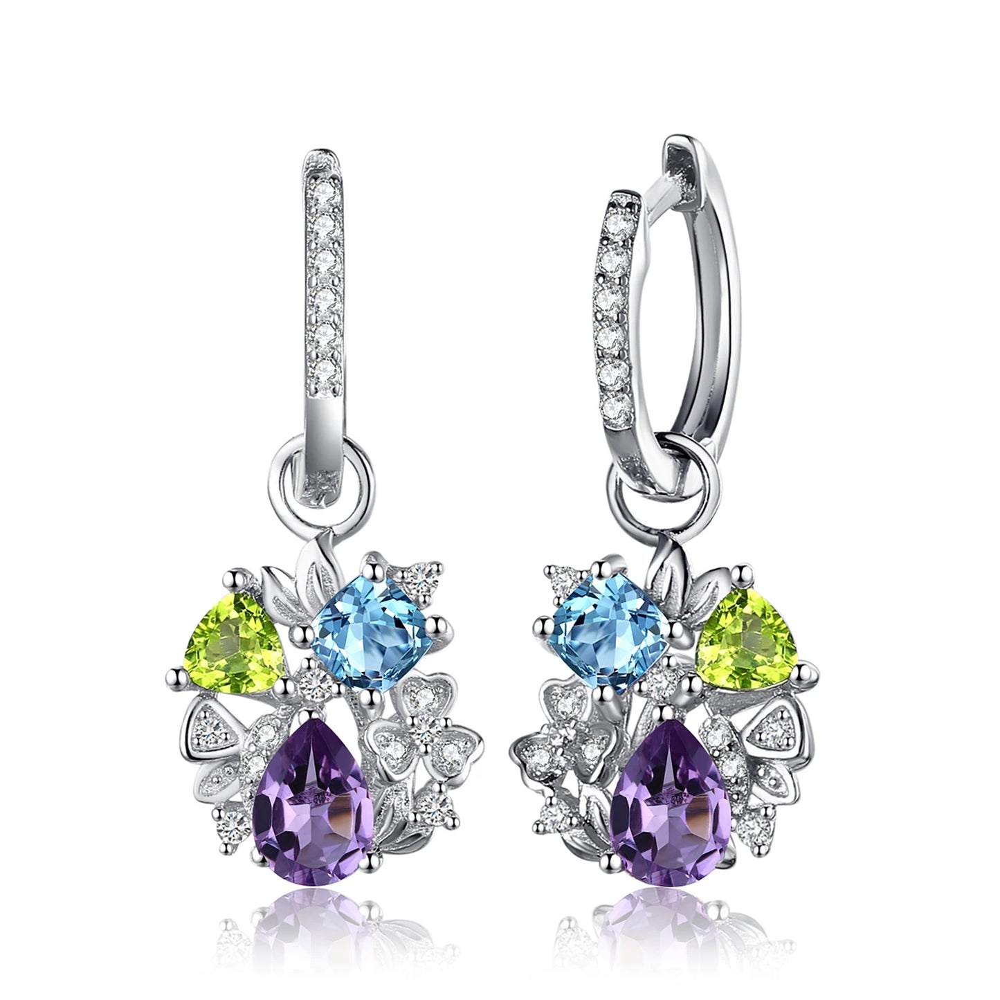 JewelryPalace Natural Amethyst Blue Topaz Peridot Chrome Diopside Flower Dangle Drop Earrings 925 Sterling Silver Women Jewelry