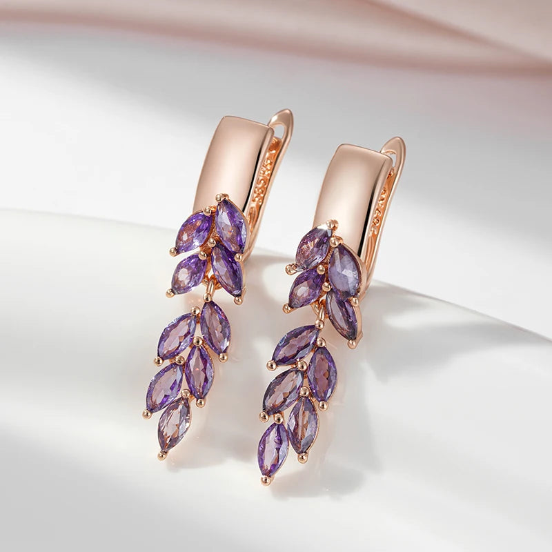 SYOUJYO Purple Natural Zircon Leaf-Shaped Dangle Earrings For Women 585 Rose Gold Color Fashion Jewelry