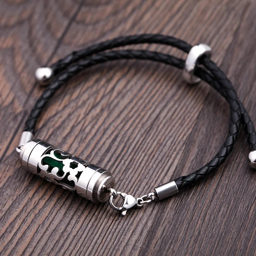 Black Leather Aromatherapy Bracelet Stainless Steel Locket Essential Oil Diffuser Bracelet Leather Charm Bracelets Aroma Jewelry